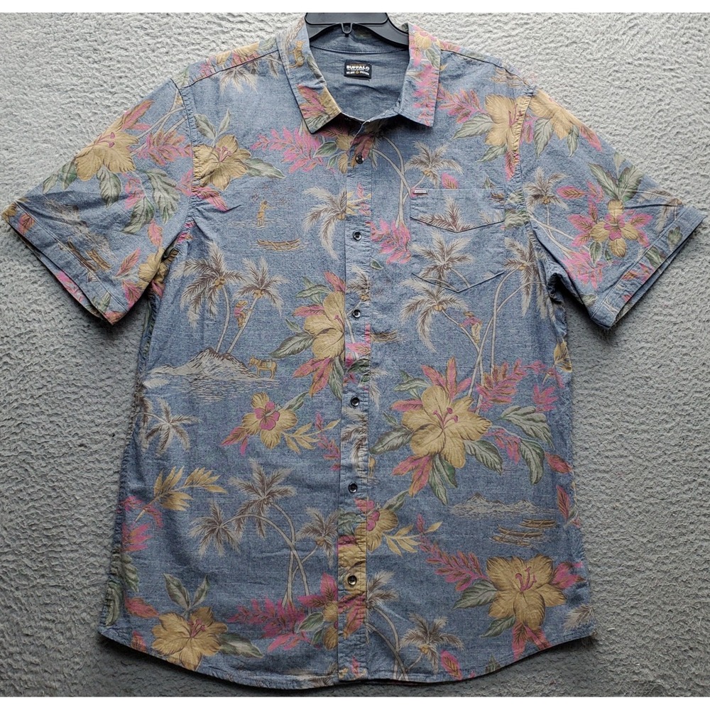 Buffalo Jeans Hawaiian Shirt Mens 2XL Multi Floral Collar Short Sleeve Button-Up